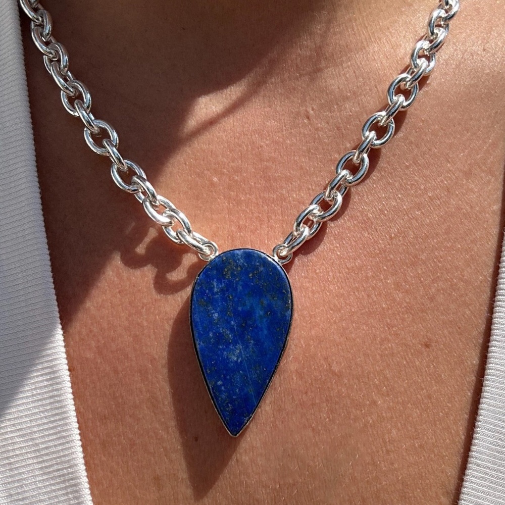 Large Lapis Lazuli Statement Necklace - chunky gemstone pendant.